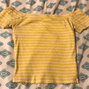 white and yellow off the shoulder shirt